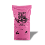 Pink bag of Budget Muesli from Chaff City on a white background