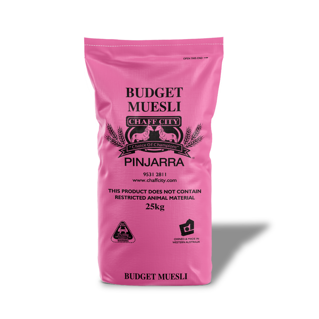Pink bag of Budget Muesli from Chaff City on a white background