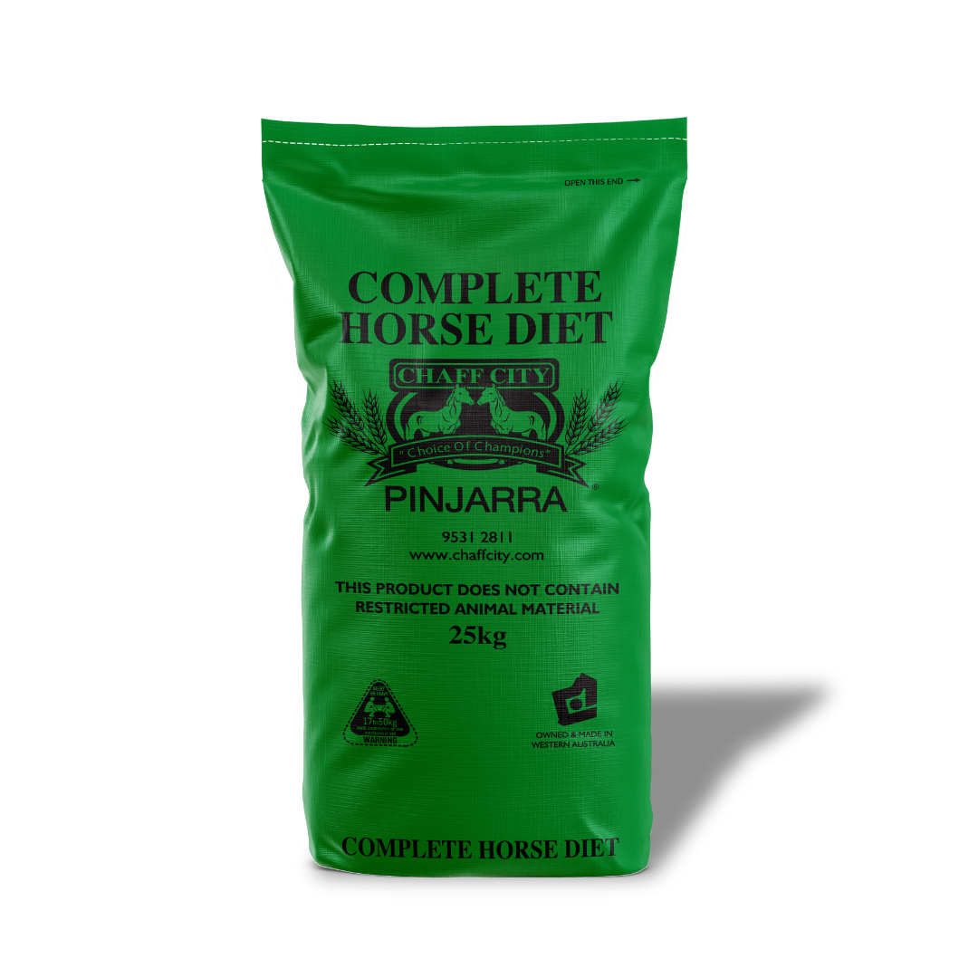Green bag of Chaff City complete horse diet with branding on a white background