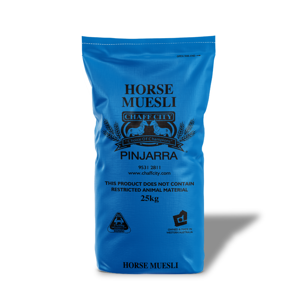 Blue bag of Horse Muesli with Chaff City branding on a white background