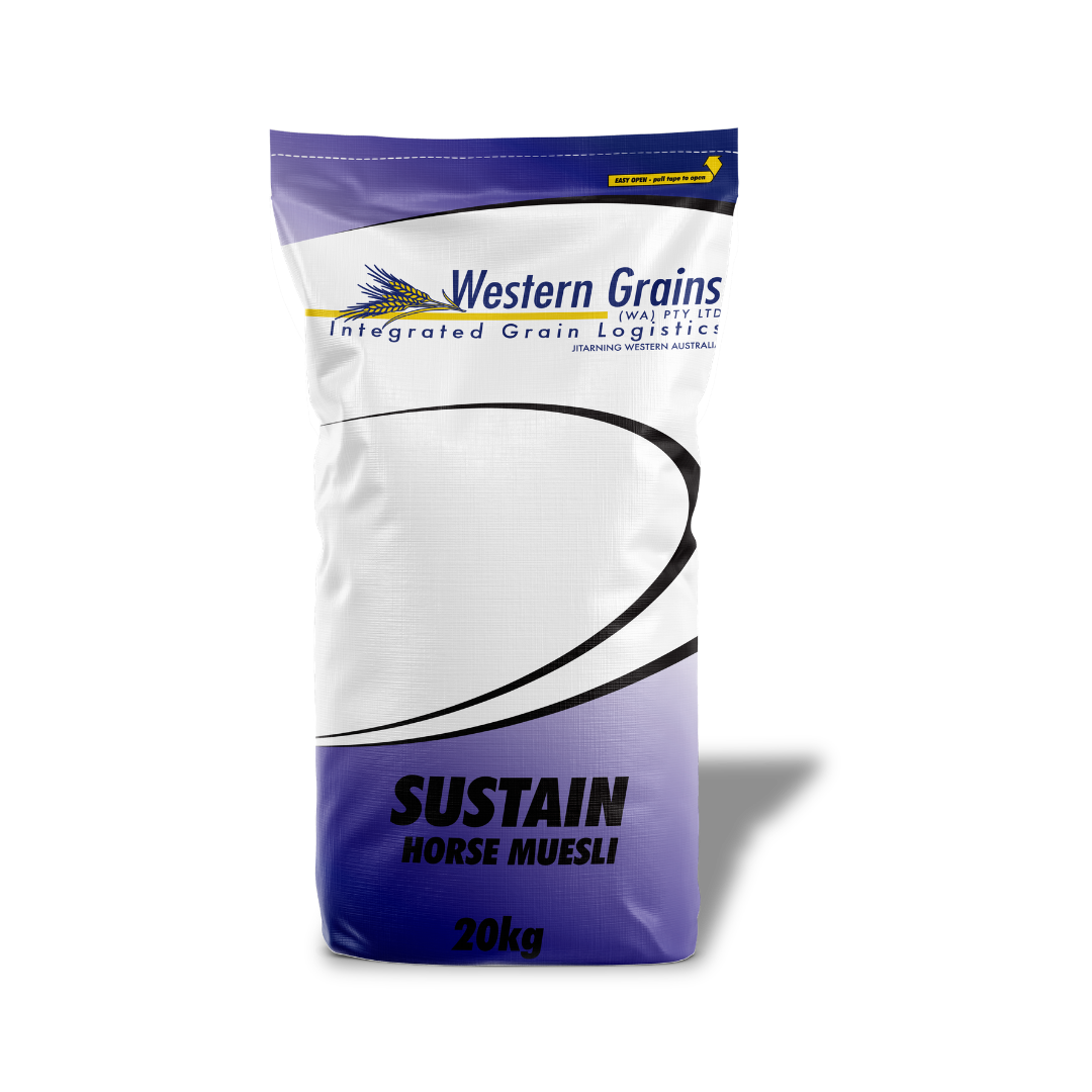 Bag of Western Grains Sustain Horse Muesli on a white background